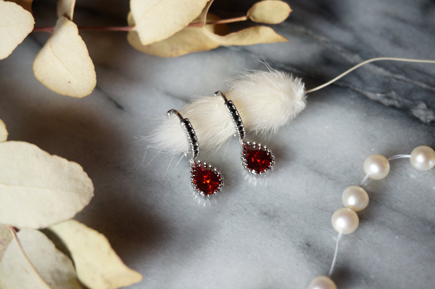 RUBY Gold/Silver/Black Red Teardrop Huggie Earrings with Black Cubic