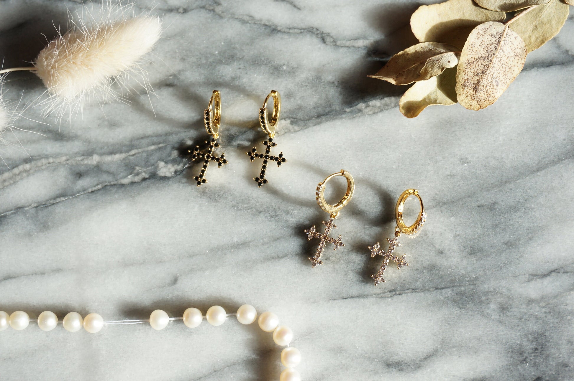 Gold Cross Clear/Black Huggie Earrings