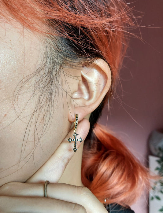 Gold Cross Clear/Black Huggie Earrings