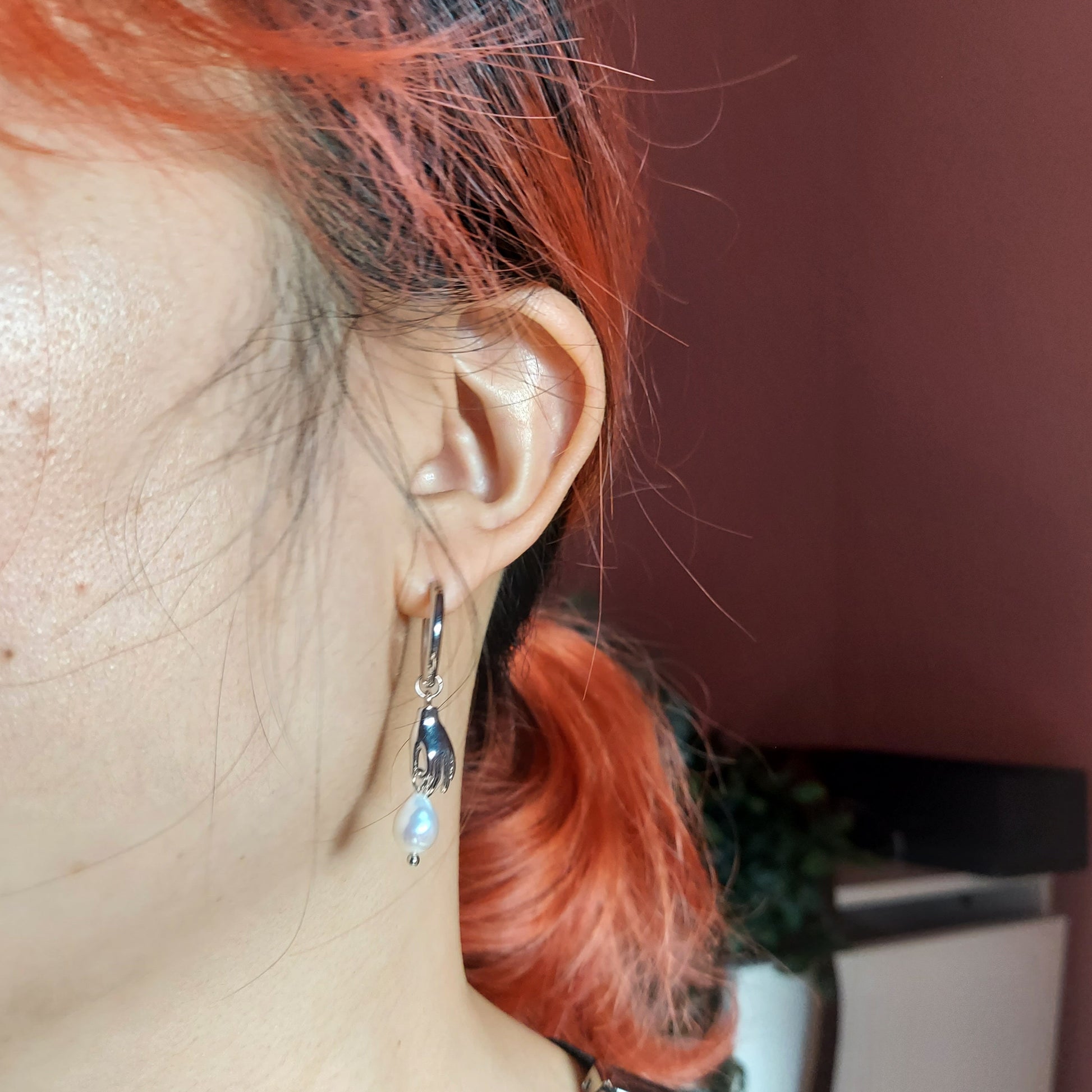 HAND-PICKED Teardrop Baroque Pearl and hand Hoop Earrings / Freshwater Pearl/peacock dyed Unique Hoop Earrings