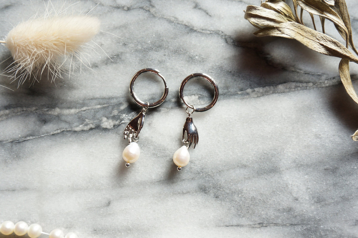 HAND-PICKED Teardrop Baroque Pearl and hand Hoop Earrings / Freshwater Pearl/peacock dyed Unique Hoop Earrings