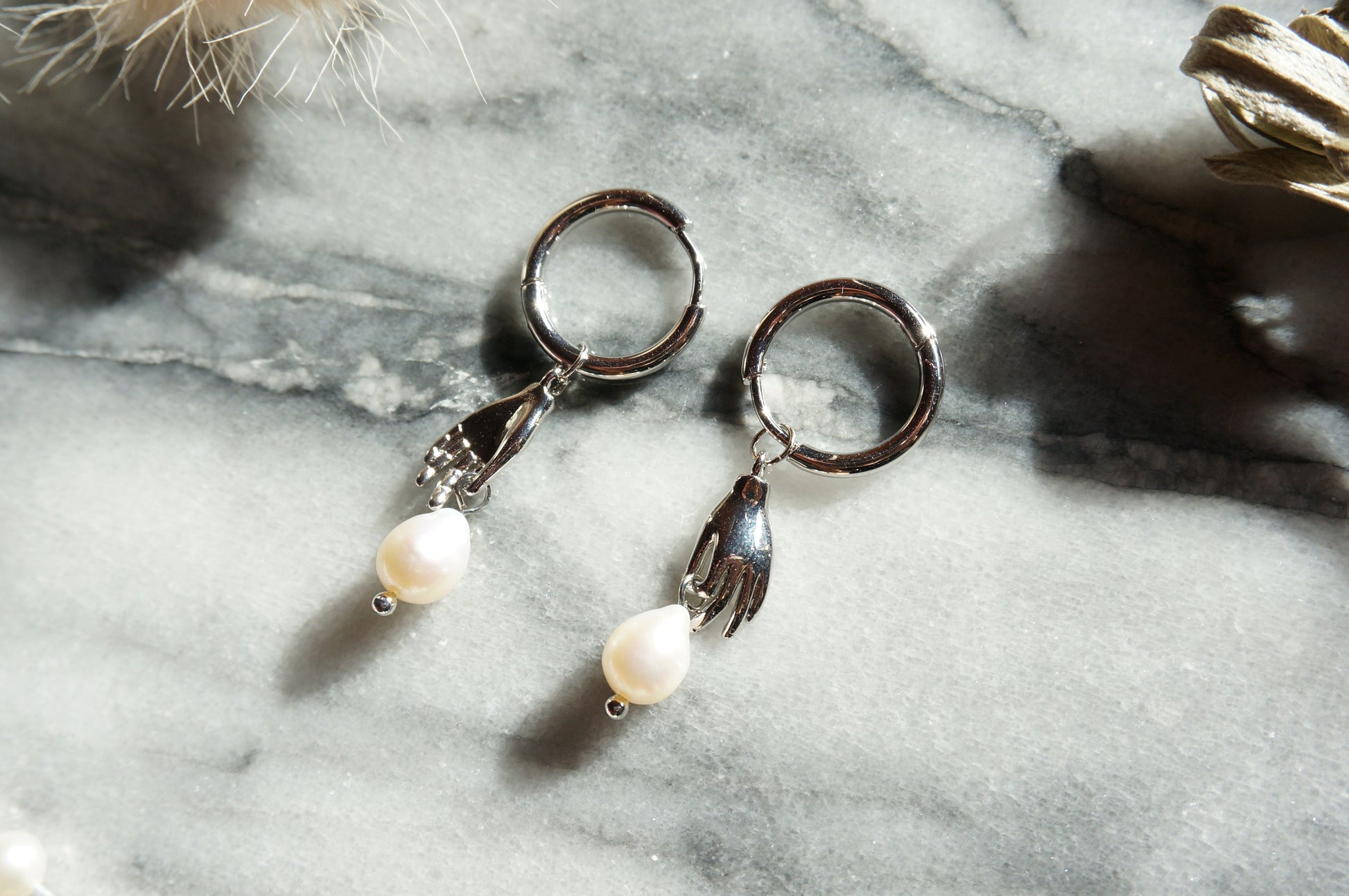 HAND-PICKED Teardrop Baroque Pearl and hand Hoop Earrings / Freshwater Pearl/peacock dyed Unique Hoop Earrings