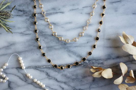 Black/Clear Crystal Gold Chain Choker/ Gold Chain Choker