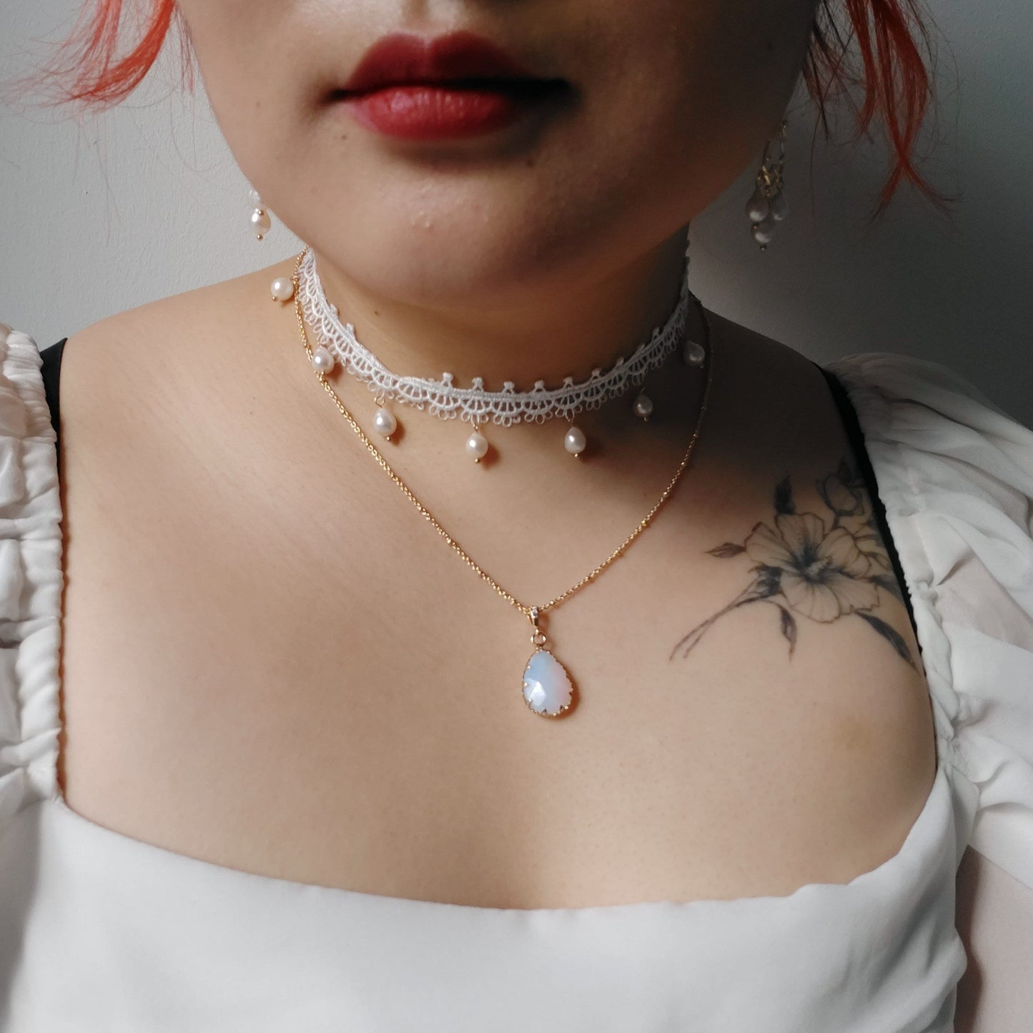KATE White Lace with Teardrop Freshwater Pearls Choker Necklace