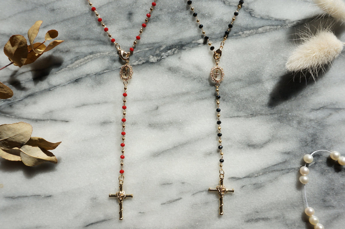 Black/Red/White & Gold Rosary Style Necklace, 24k Gold Plated Cross Lariat