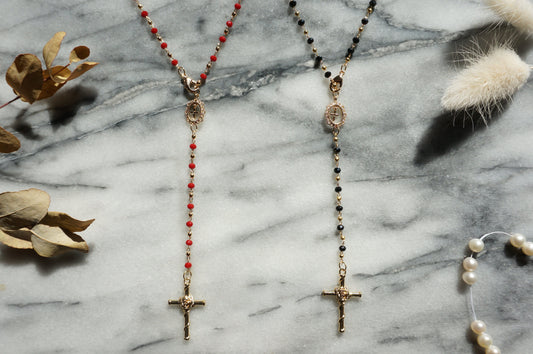 Black/Red/White & Gold Rosary Style Necklace, 24k Gold Plated Cross Lariat