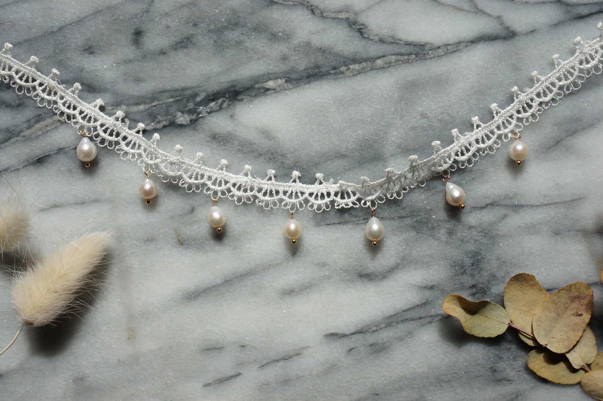 KATE White Lace with Teardrop Freshwater Pearls Choker Necklace
