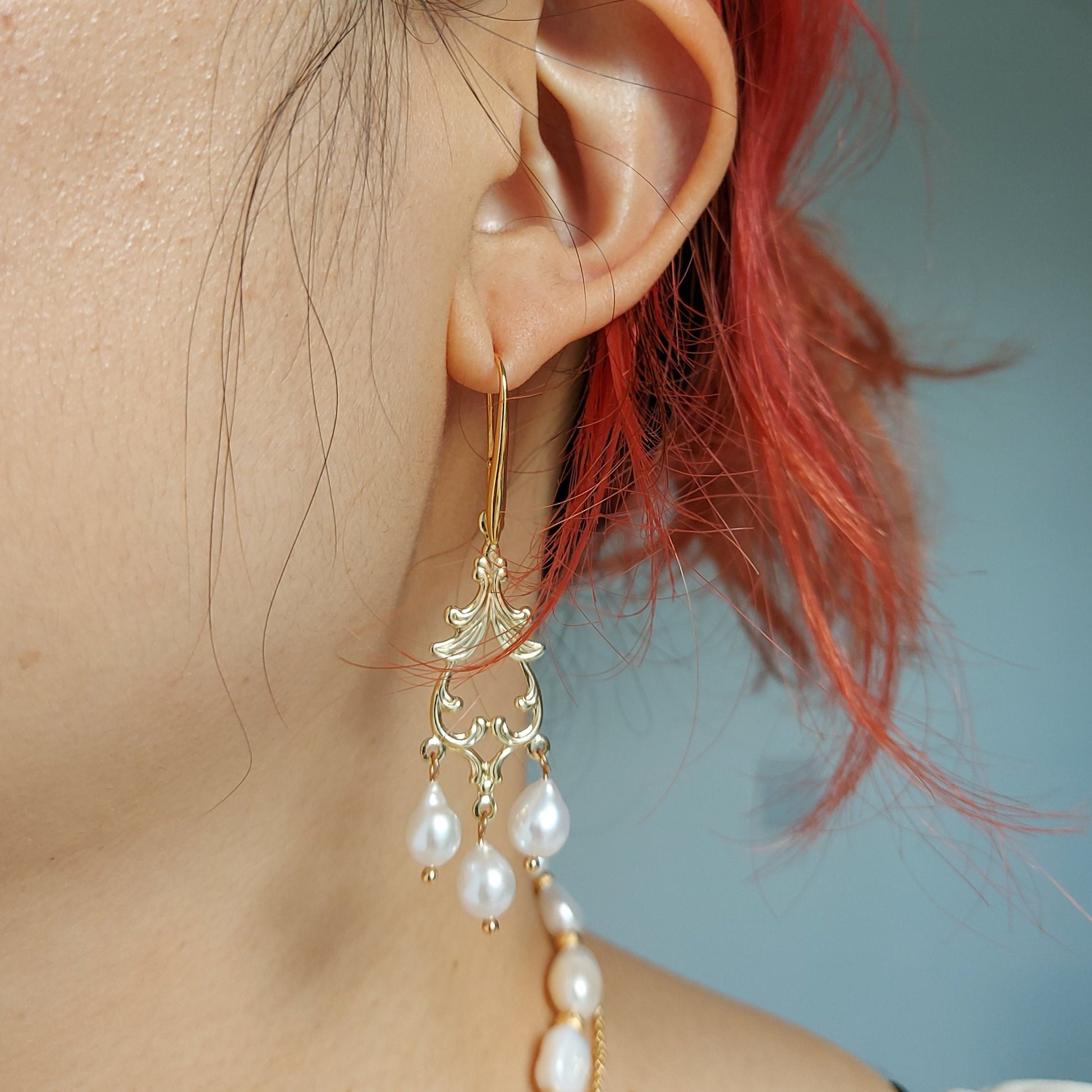 EDWINA Filigree Teardrop Freshwater Pearl Earrings / Bridal Pear Earrings