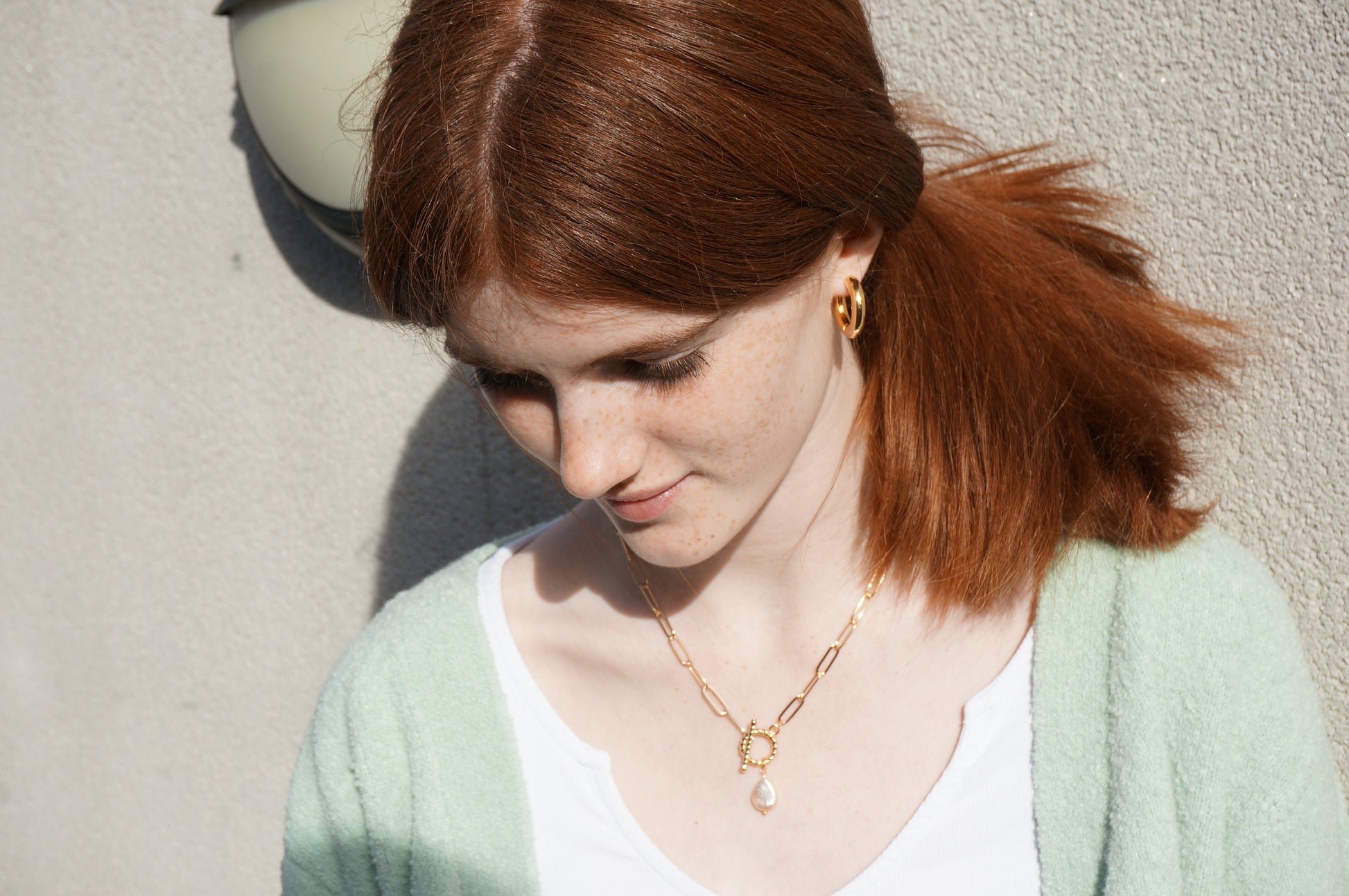 Chunky Gold Chain T-Bar Necklace with Pearldrop Pendant