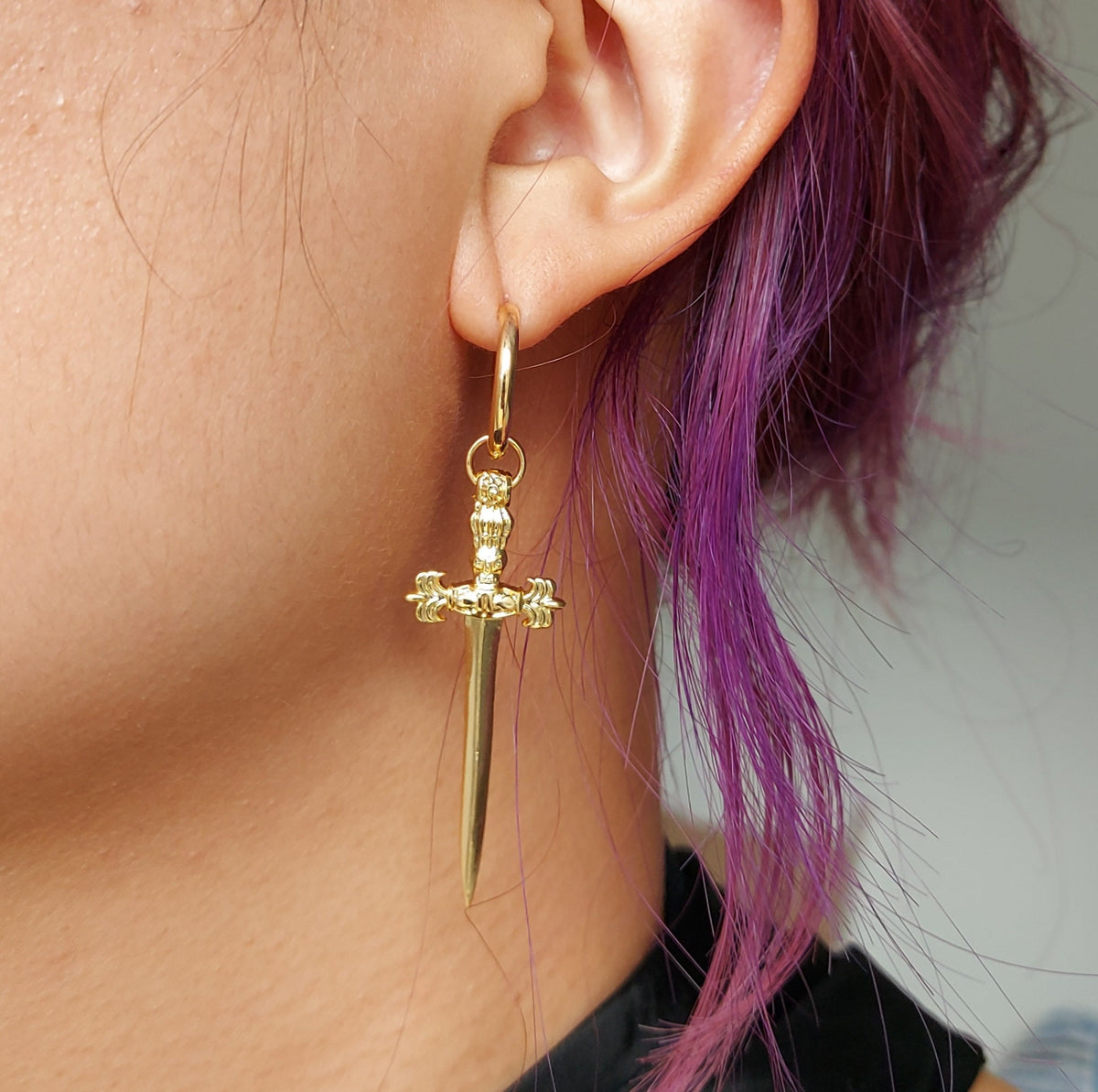 Ace of Swords Dagger Huggie Hoop Earring, Antique Sword Charm (Single)