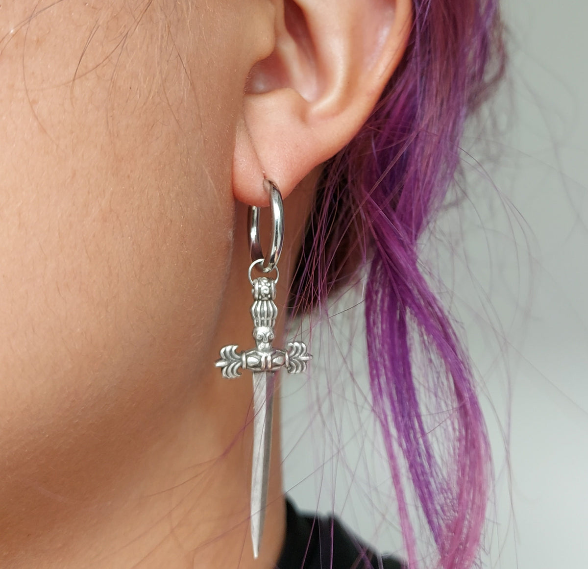 Ace of Swords Dagger Huggie Hoop Earring, Antique Sword Charm (Single)