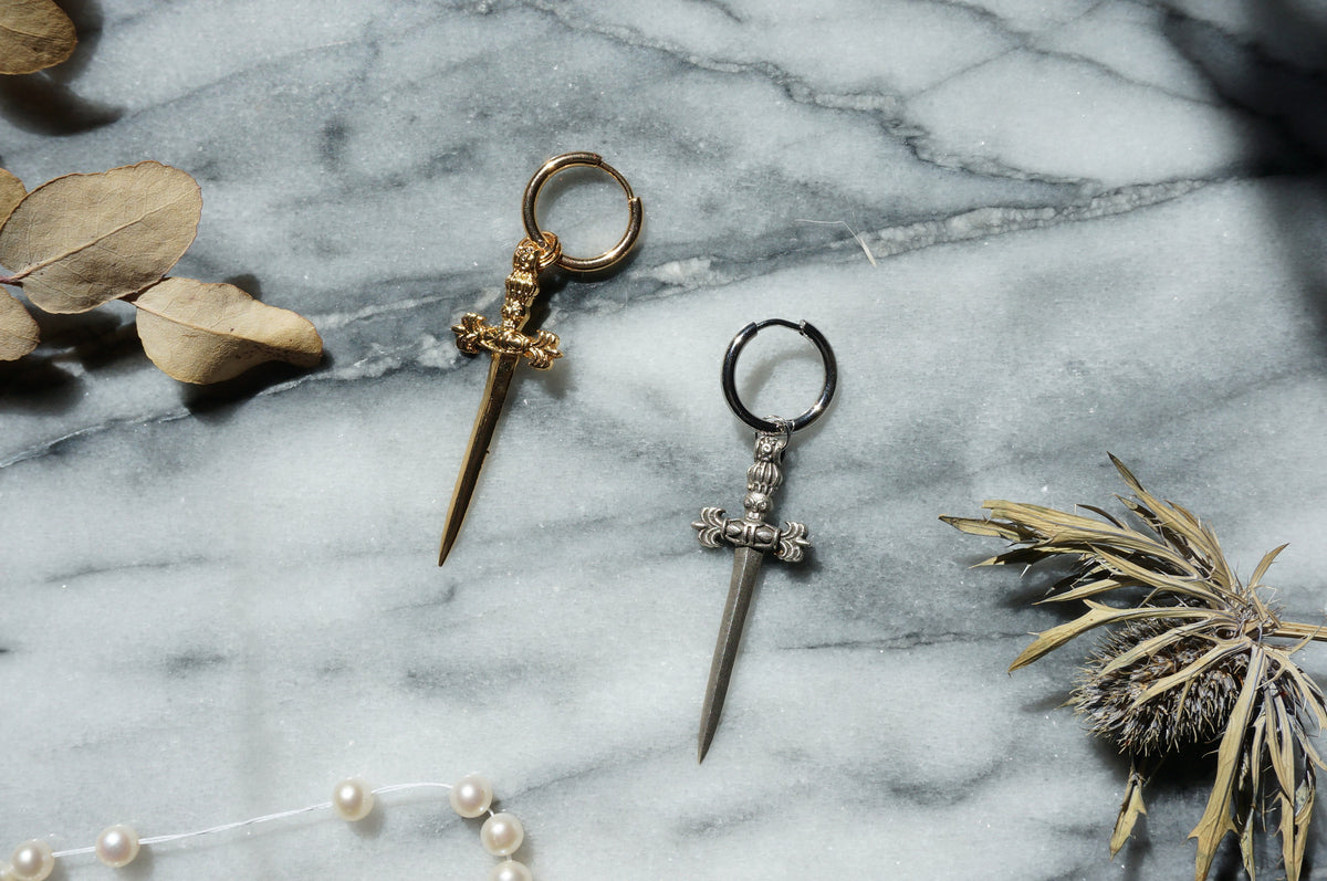 Ace of Swords Dagger Huggie Hoop Earring, Antique Sword Charm (Single)