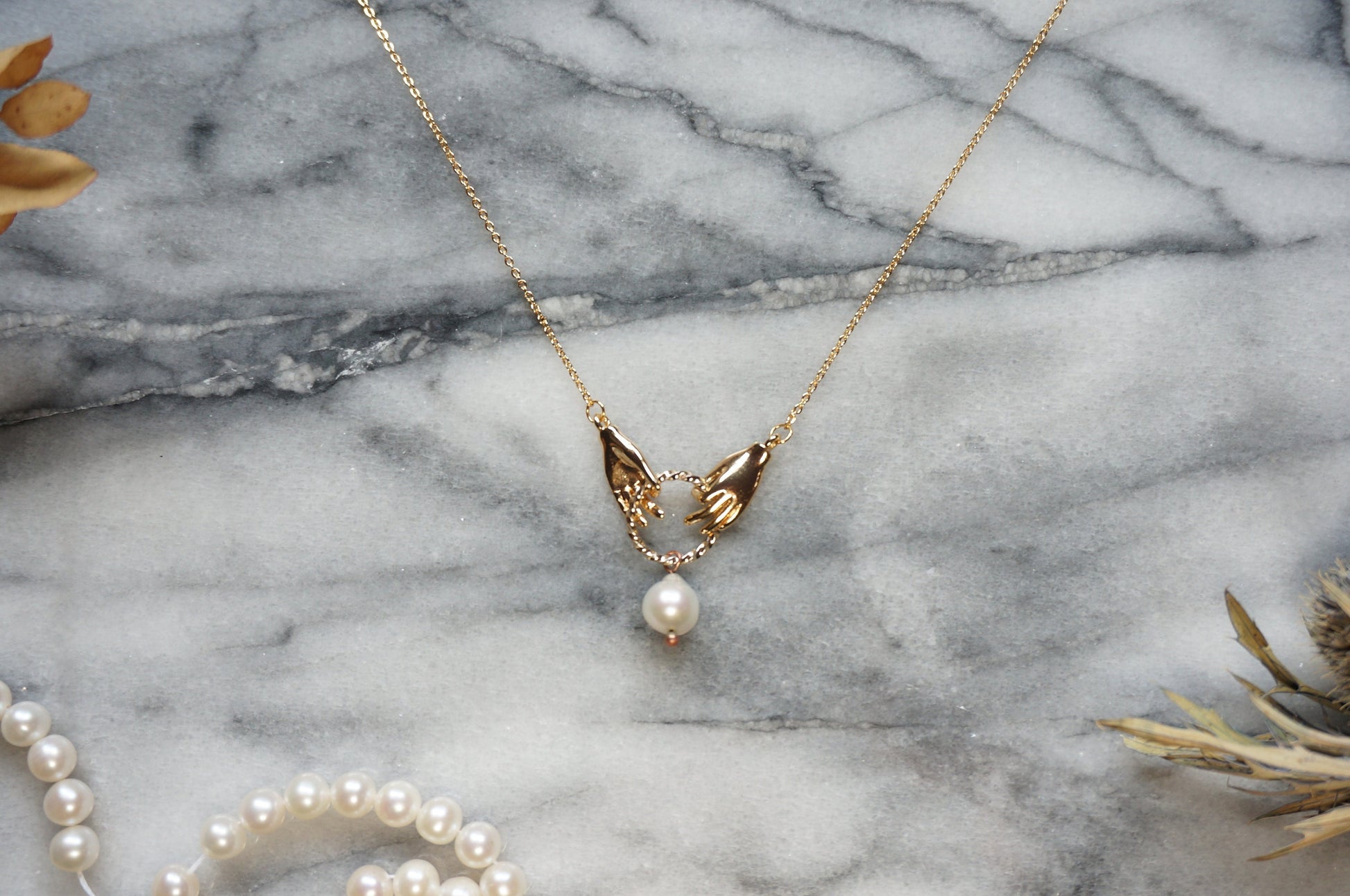 HAND-PICKED Teardrop Pearl and hands dainty necklace