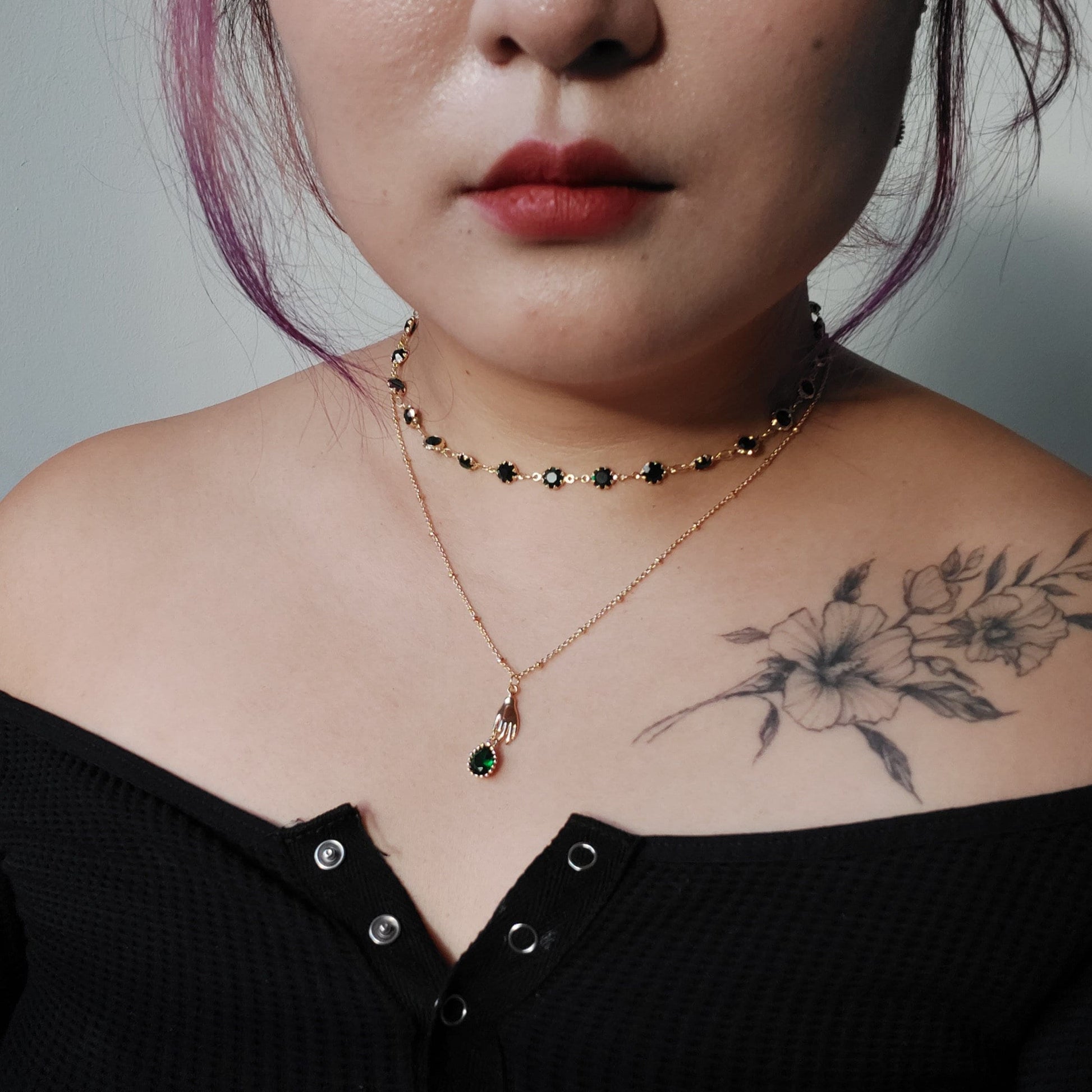 Deep Green / Red Crystal Gold Chain Choker/ Gold Chain Choker