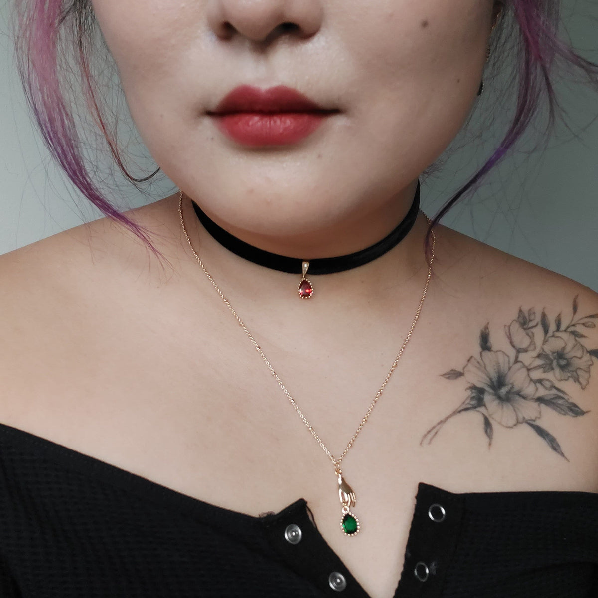 RUBY Deep Red Teardrop and Burgundy/Black Stretch Velvet Choker