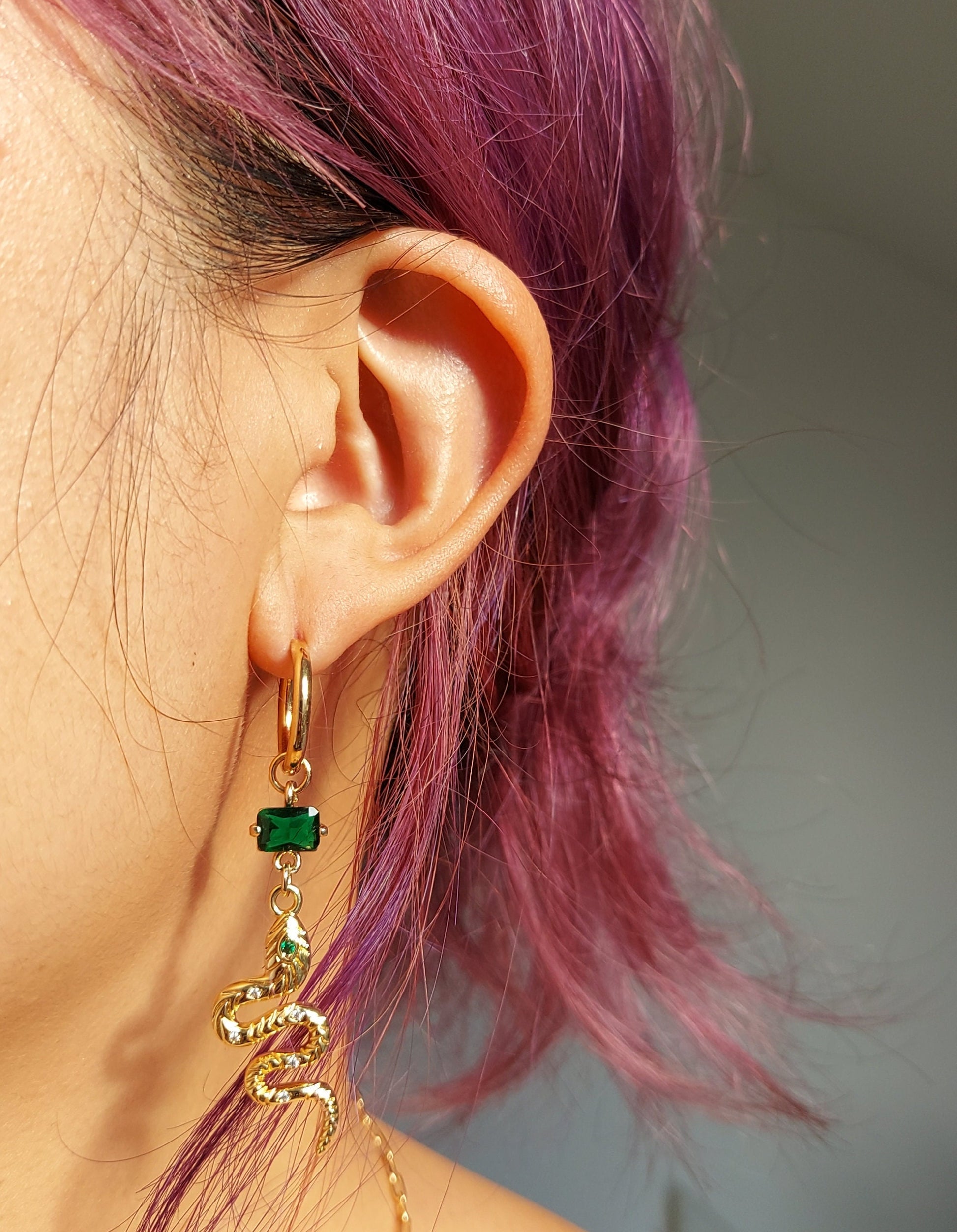 LOKI Green Snake and Dagger Hoop Mismatched Gold Earrings