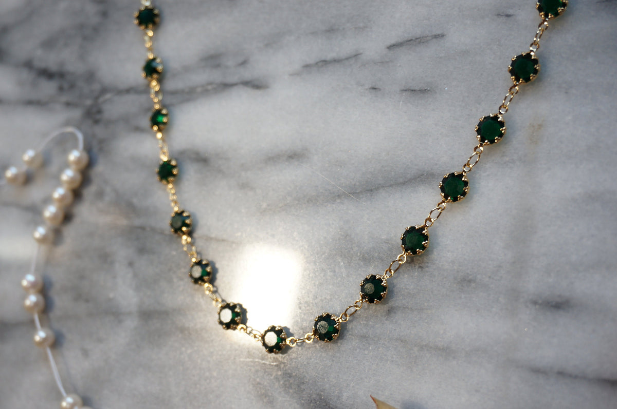 Deep Green / Red Crystal Gold Chain Choker/ Gold Chain Choker