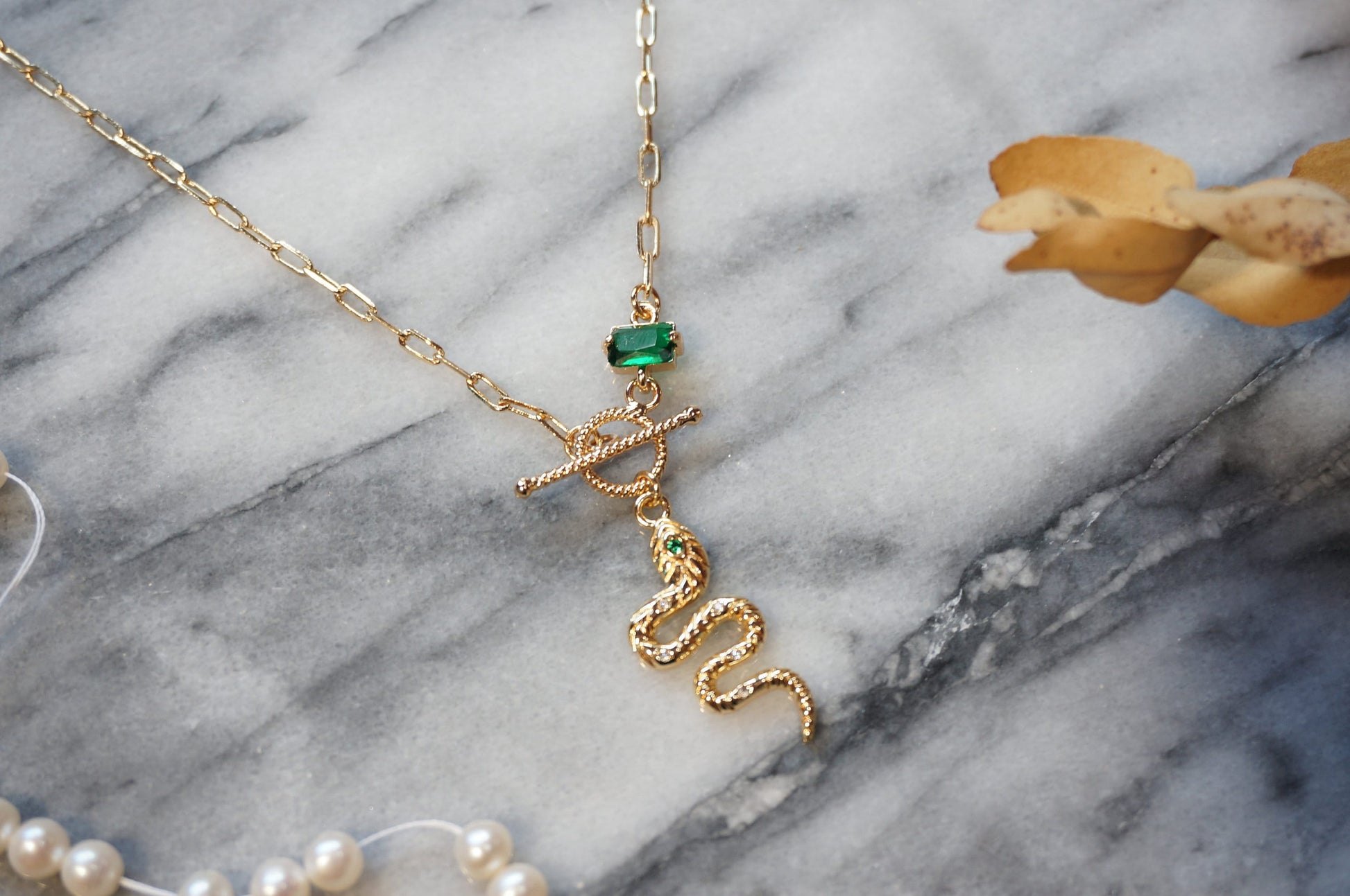LOKI Green Snake Dainty Toggle Necklace