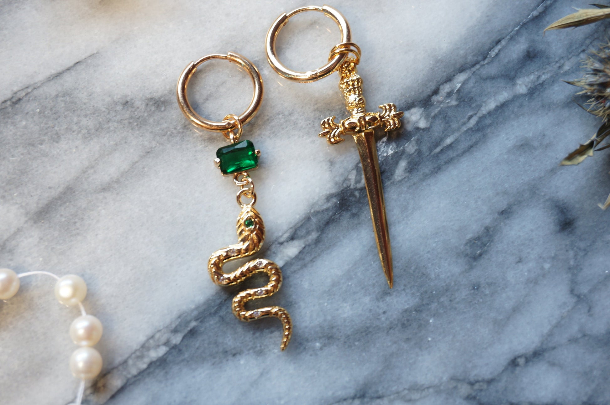 LOKI Green Snake and Dagger Hoop Mismatched Gold Earrings