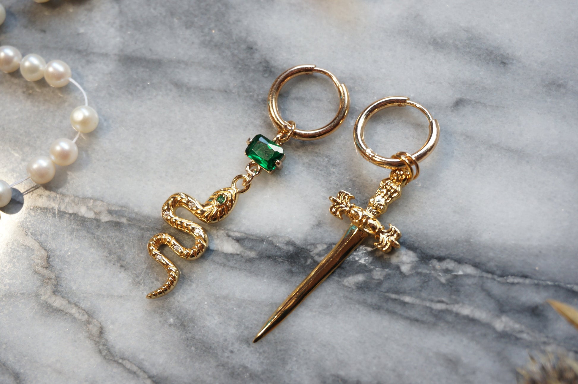 LOKI Green Snake and Dagger Hoop Mismatched Gold Earrings
