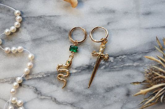 LOKI Green Snake and Dagger Hoop Mismatched Gold Earrings