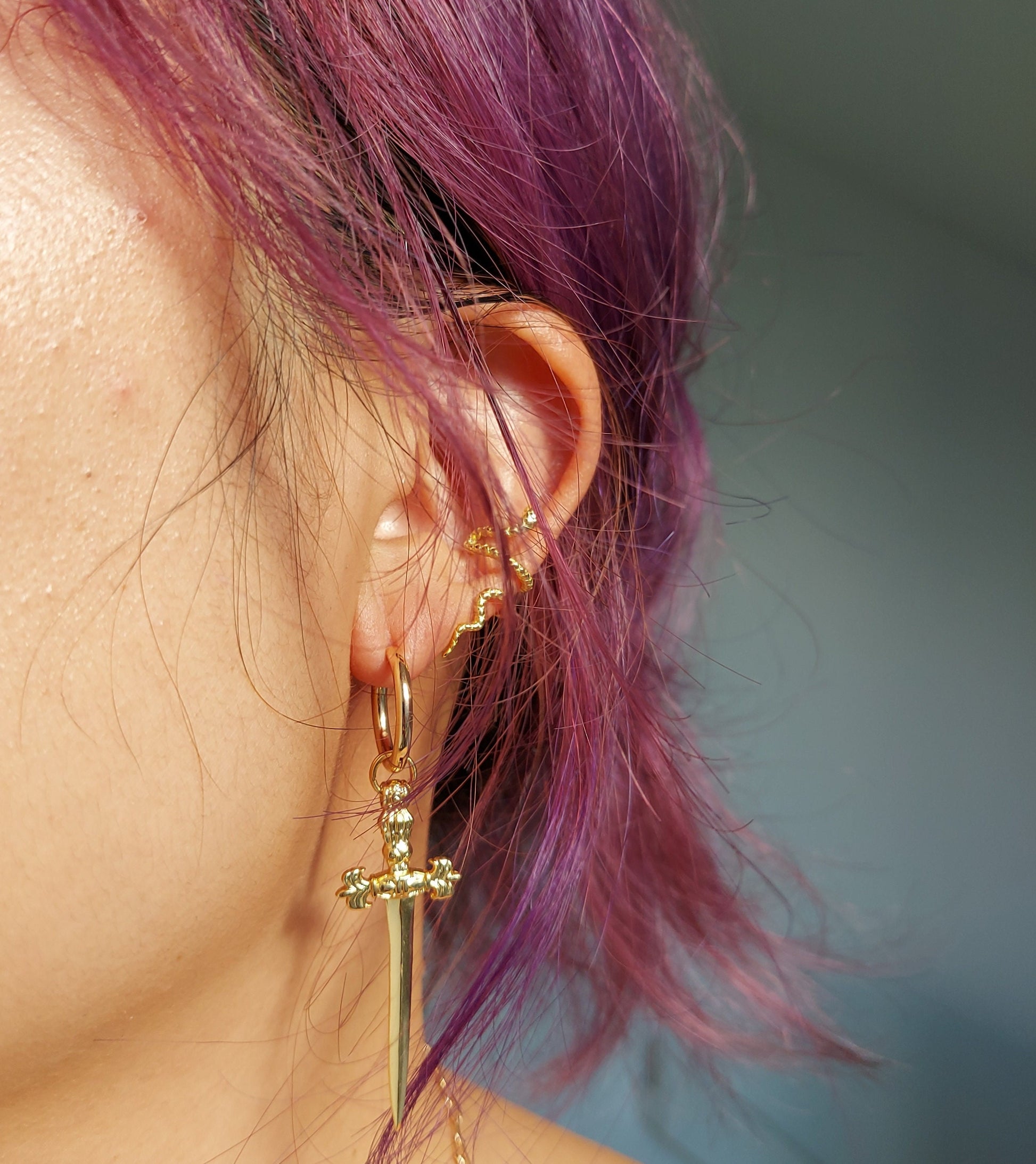 LOKI Green Snake and Dagger Hoop Mismatched Gold Earrings