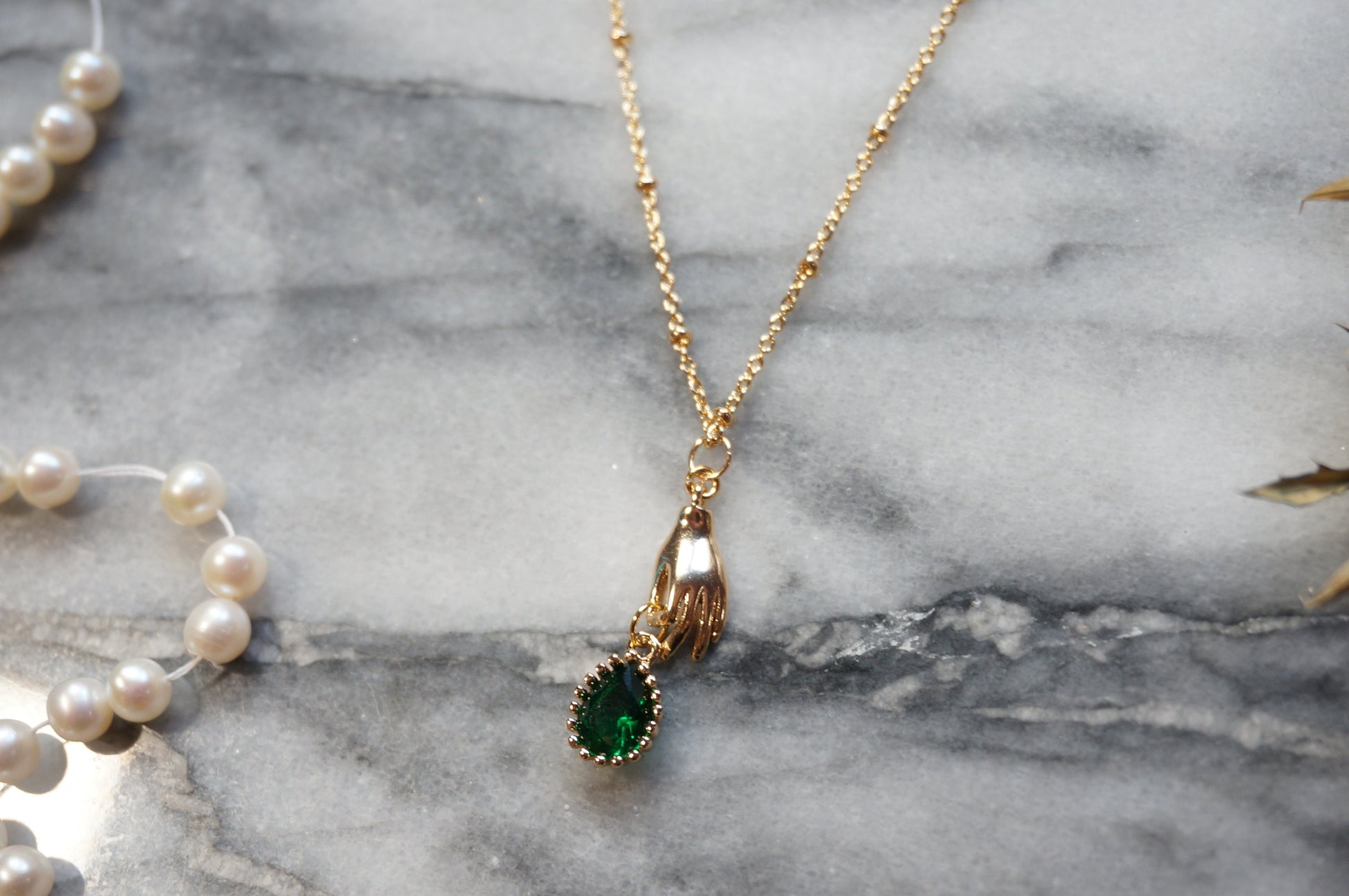 EVA Green Teardrop and Hand Dainty Necklace