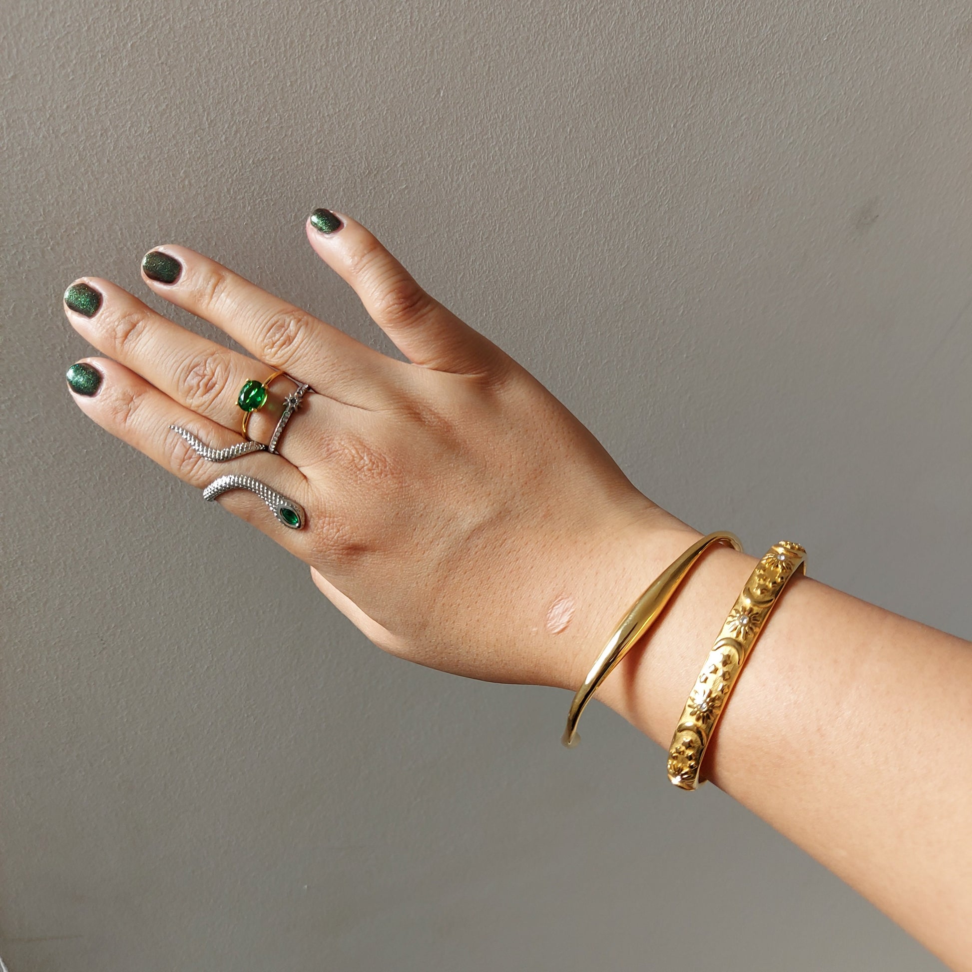 Celestial Engraved Chunk Bangle / Adjustable Bracelet / Moon Sun Star