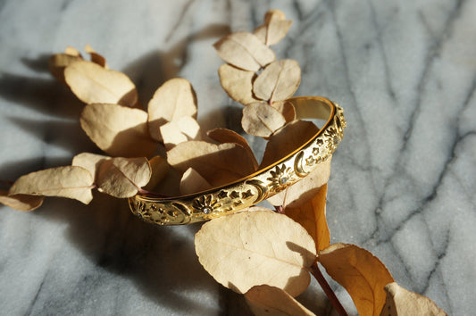 Celestial Engraved Chunk Bangle / Adjustable Bracelet / Moon Sun Star