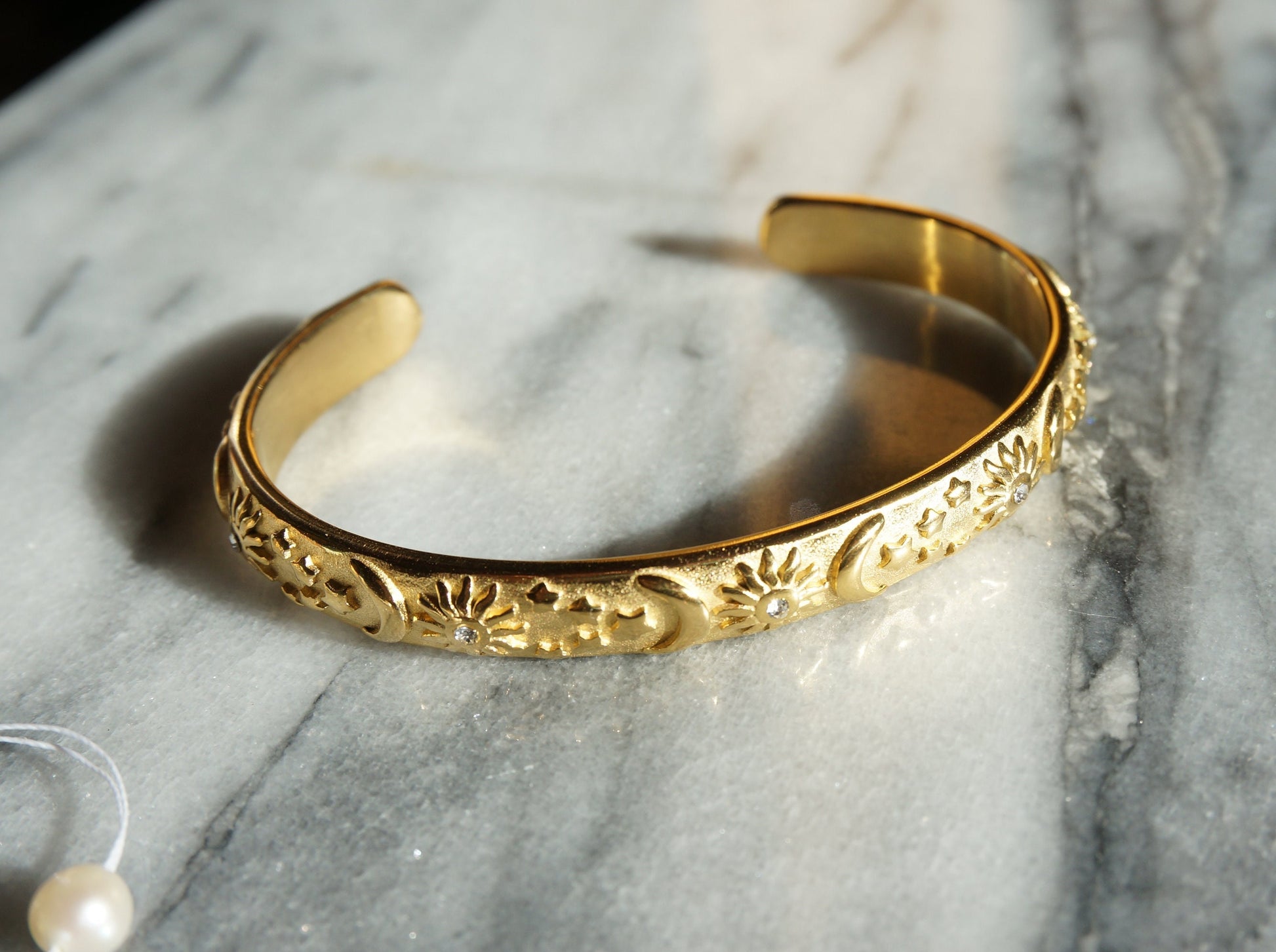 Celestial Engraved Chunk Bangle / Adjustable Bracelet / Moon Sun Star