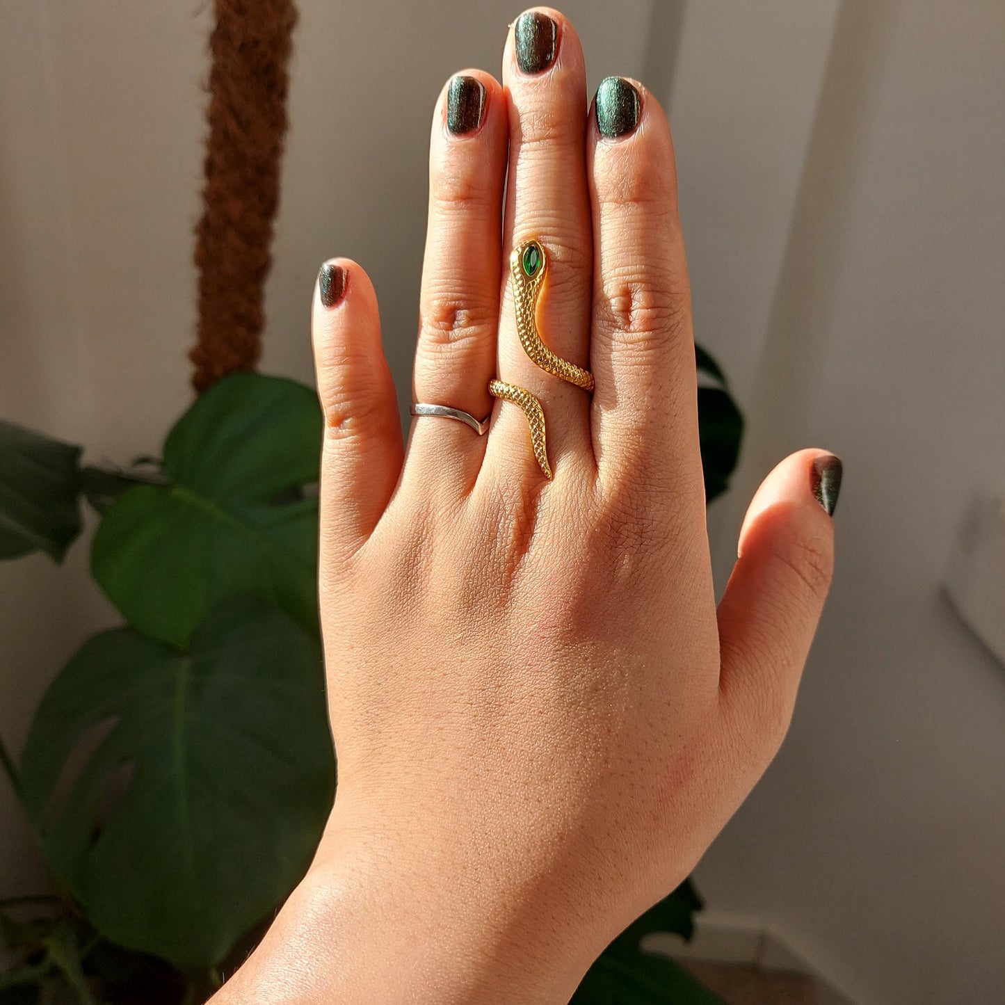 Snake Green Gem Gold/Silver Adjustable Ring
