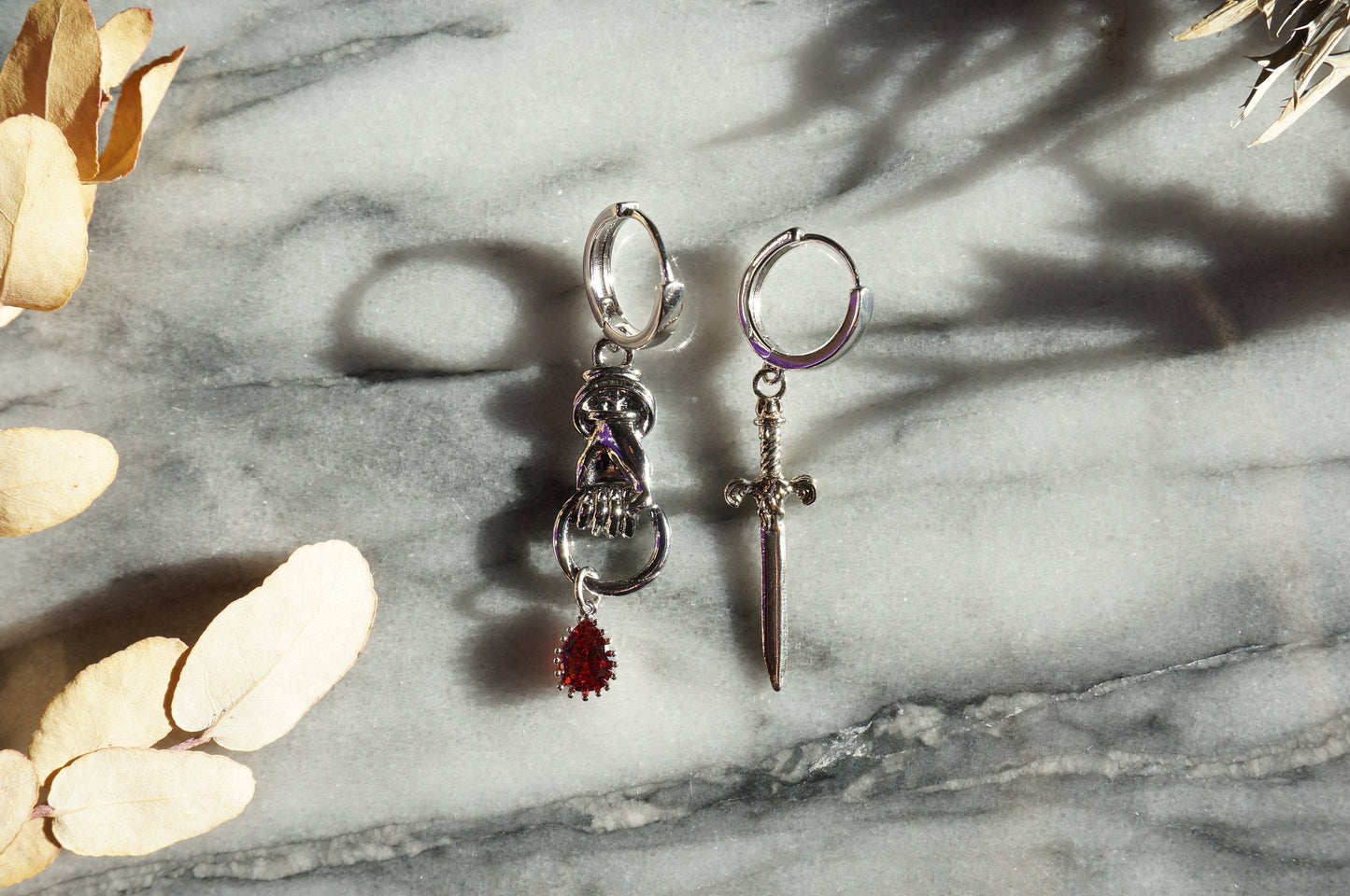 THE HAND Silver Sword and Teardrop Mismatched Huggie Earrings / Red Teardrop Earrings