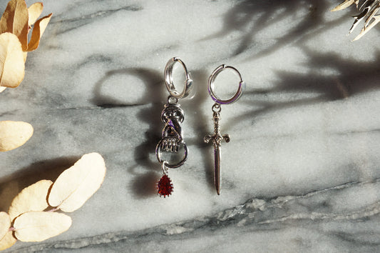 THE HAND Silver Sword and Teardrop Mismatched Huggie Earrings / Red Teardrop Earrings