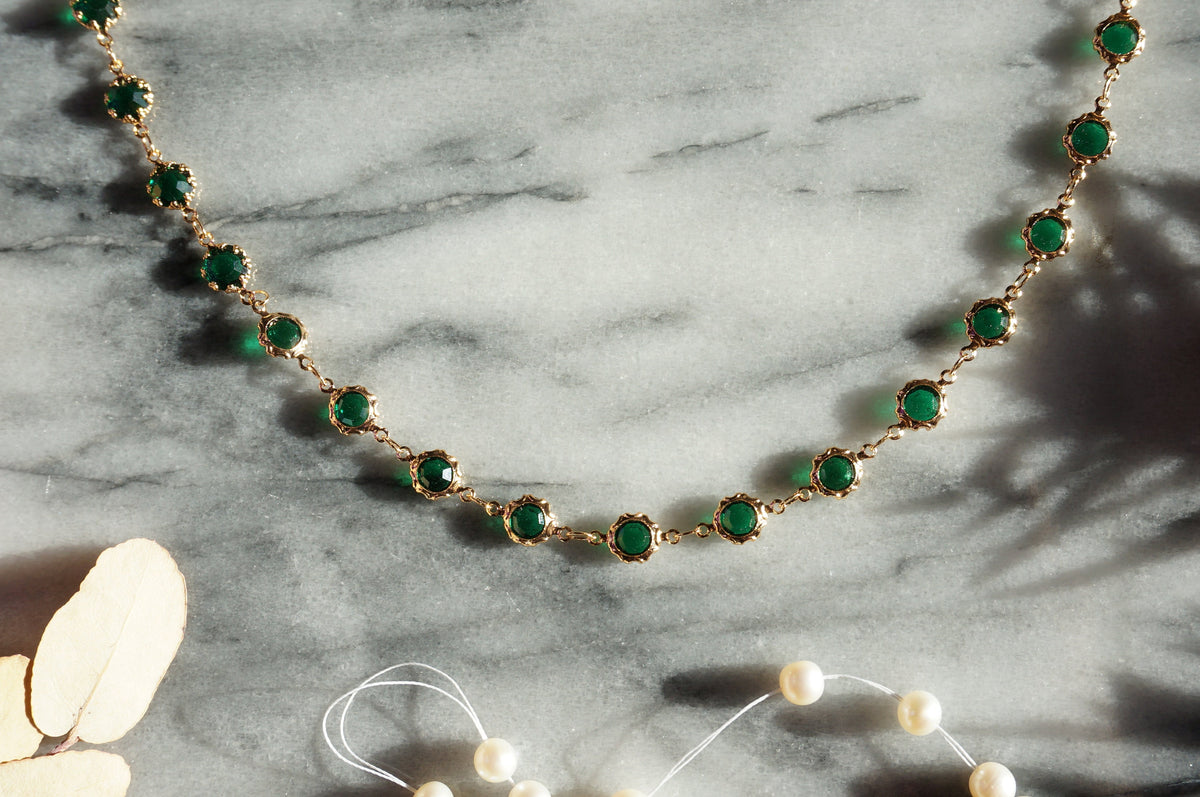 Deep Green / Red Crystal Gold Chain Choker/ Gold Chain Choker