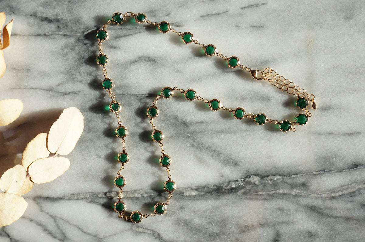 Deep Green / Red Crystal Gold Chain Choker/ Gold Chain Choker
