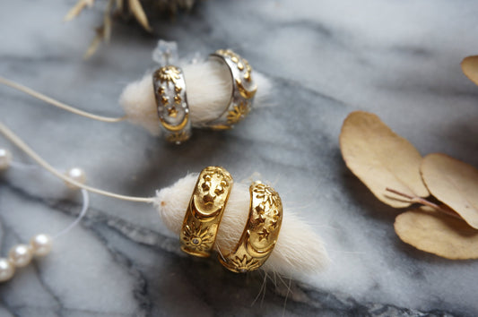 Celestial Engraved Chunky Hoop Earrings / Gold Plated / Silver Thick Hoop Earrings / Moon Sun Star