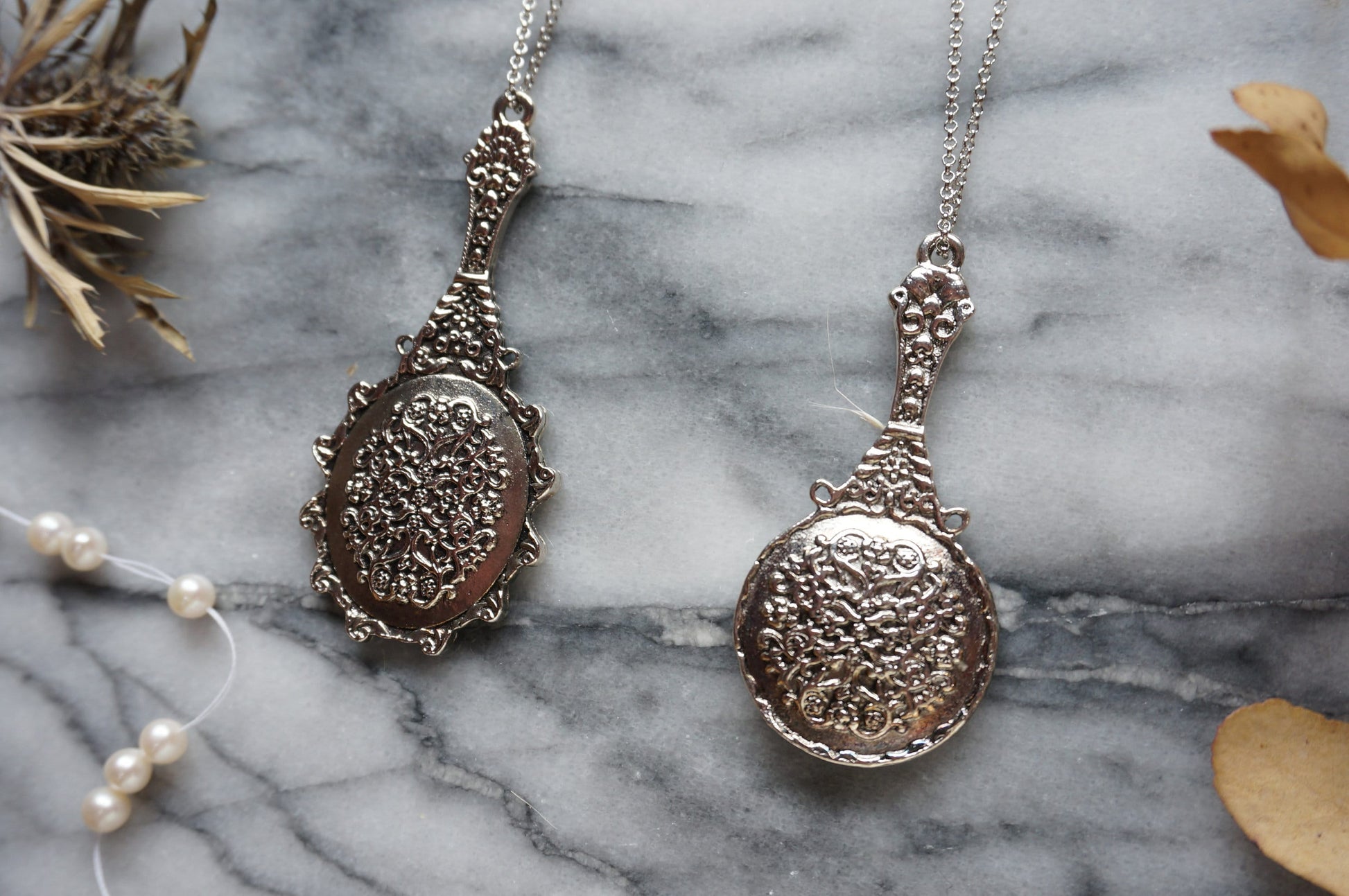 Antique Silver Mirror Necklace / Moon Mirror Necklace