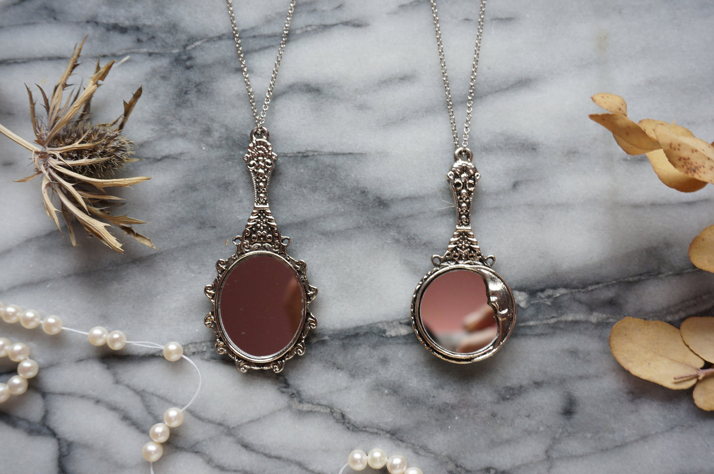 Antique Silver Mirror Necklace / Moon Mirror Necklace