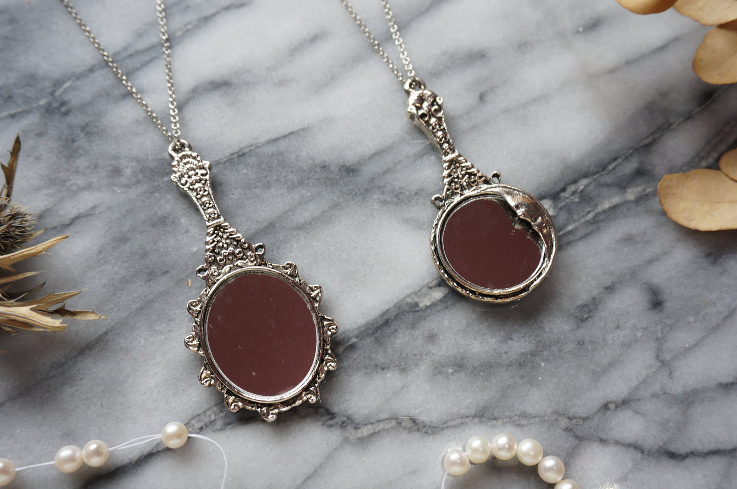 Antique Silver Mirror Necklace / Moon Mirror Necklace