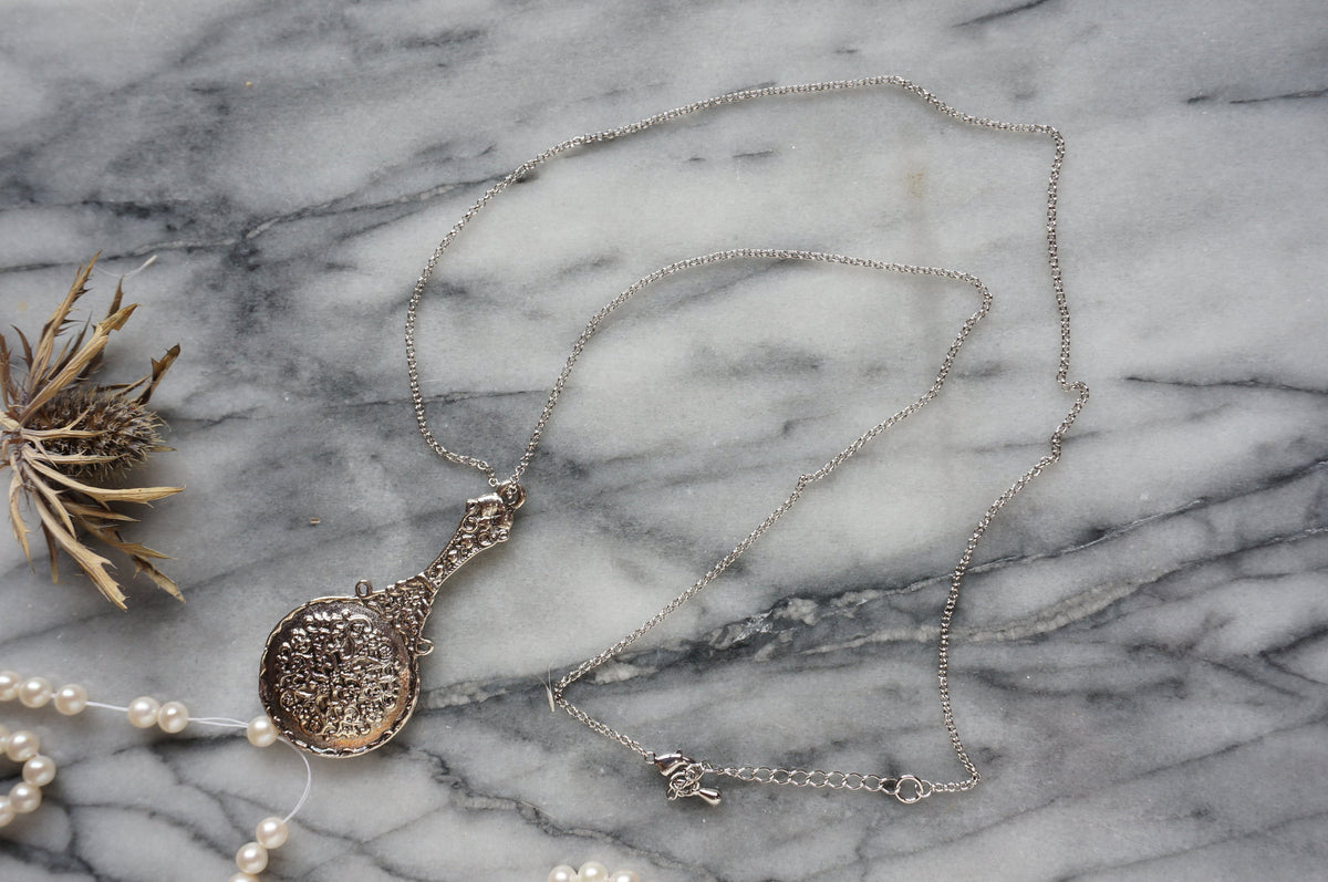 Antique Silver Mirror Necklace / Moon Mirror Necklace