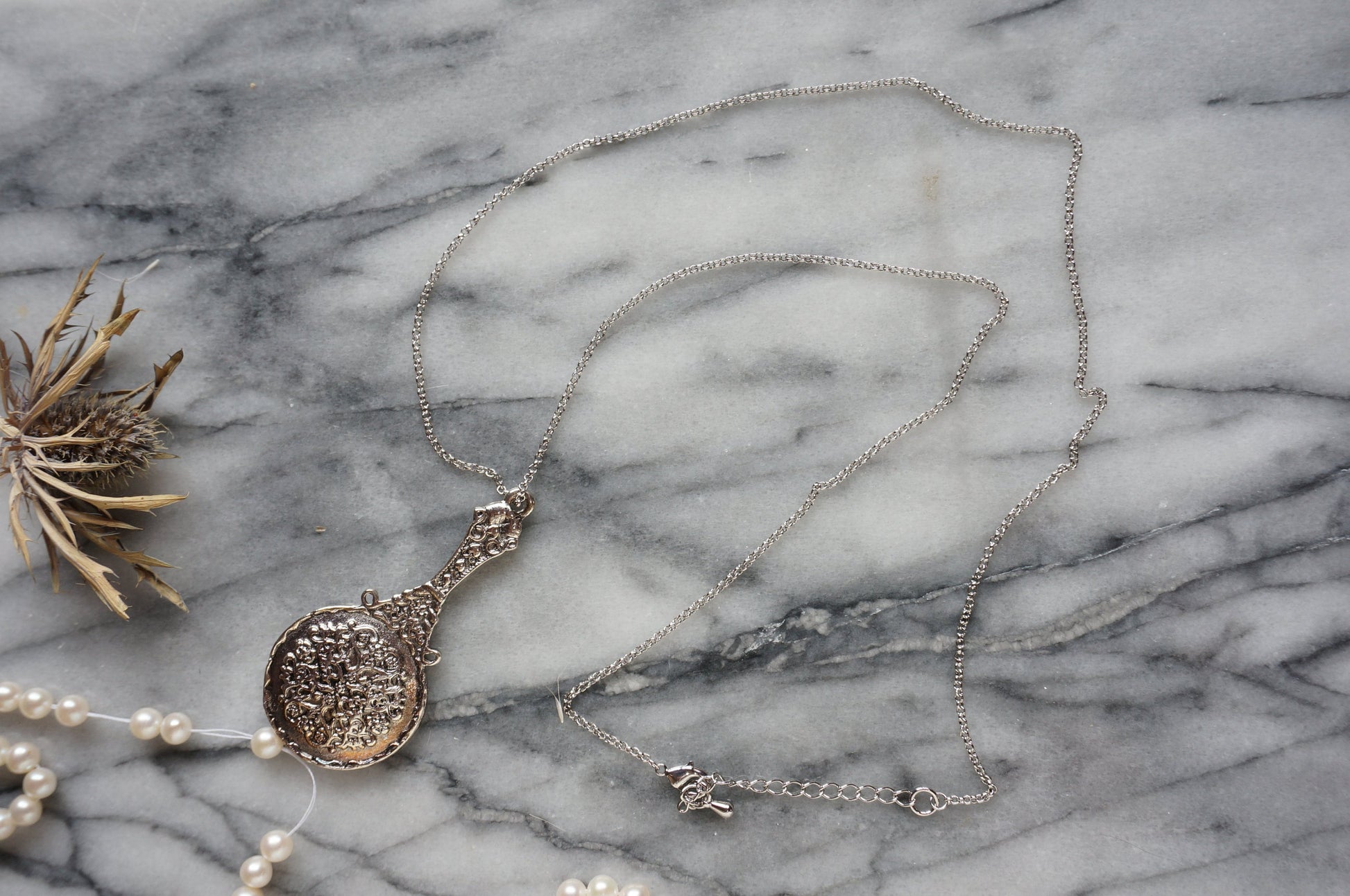 Antique Silver Mirror Necklace / Moon Mirror Necklace