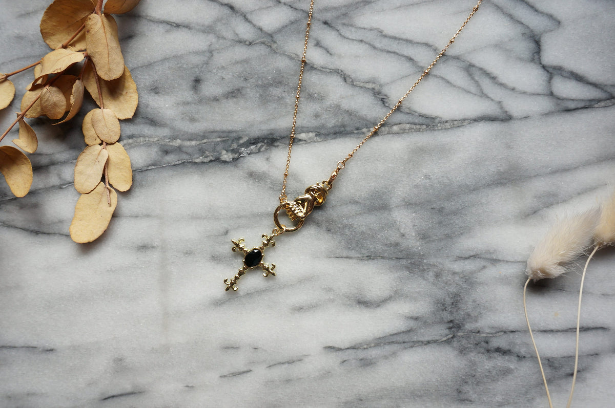 EDITH Gothic Hand Holding Black Gem Cross Necklace, 24k Gold Plated Brass Chain