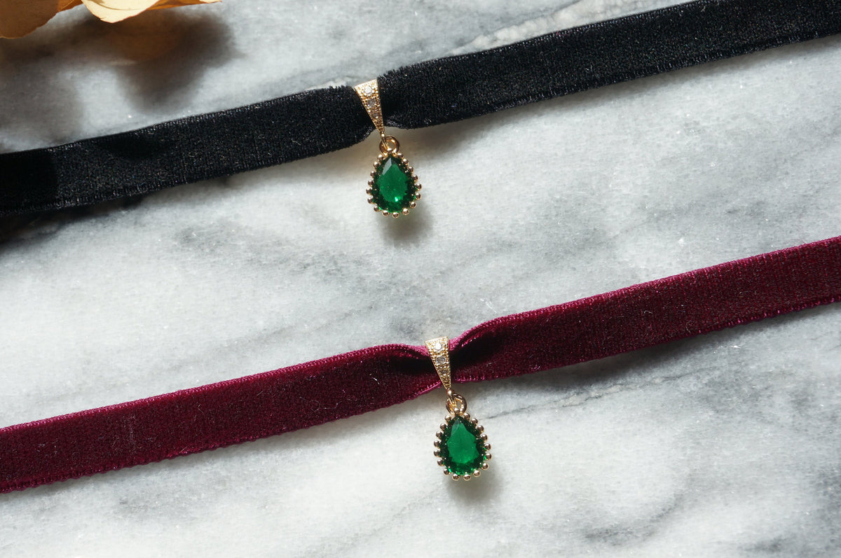 IVY Green Teardrop and Burgundy/Black / Green Stretch Velvet Choker