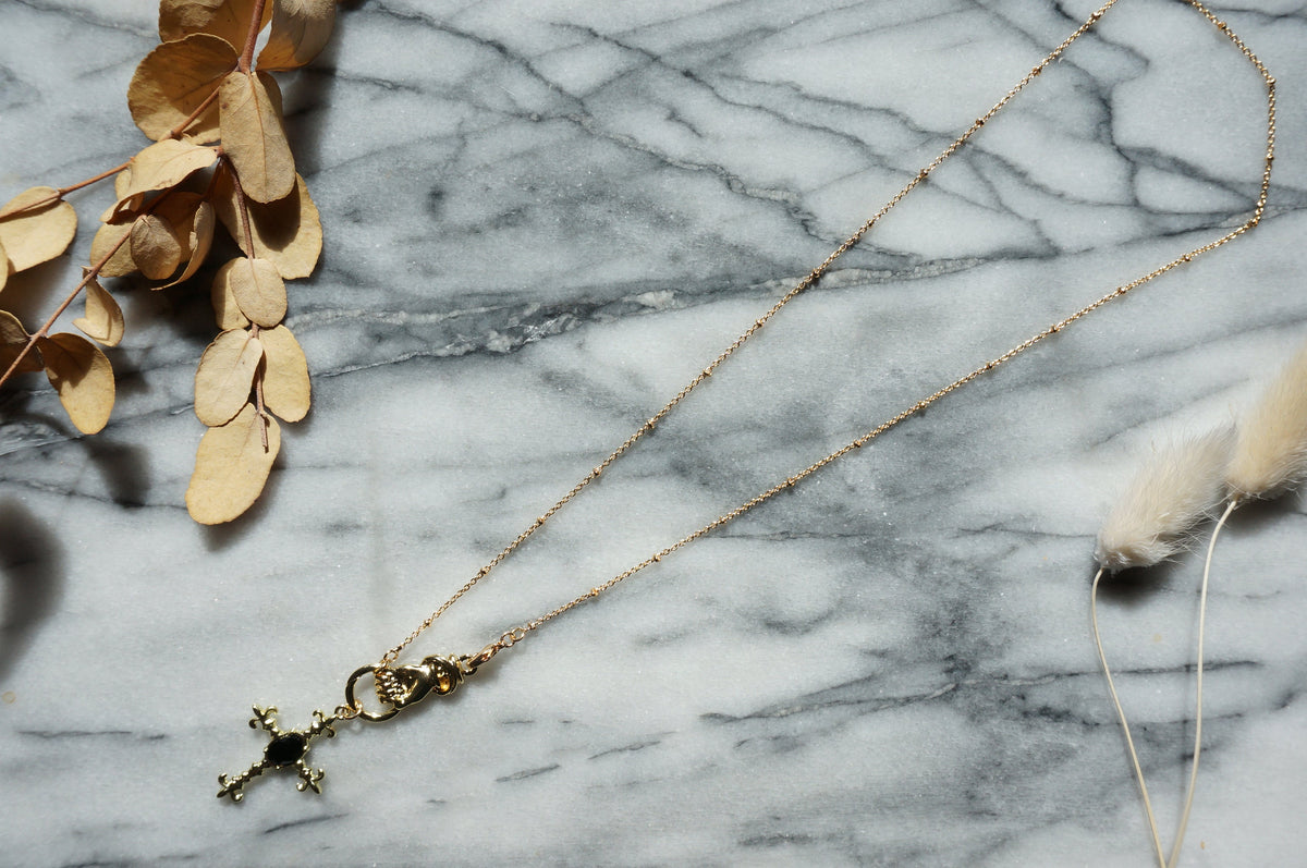 EDITH Gothic Hand Holding Black Gem Cross Necklace, 24k Gold Plated Brass Chain