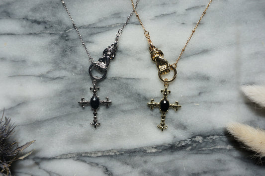 EDITH Gothic Hand Holding Cross Necklace/ Black Cross Necklace