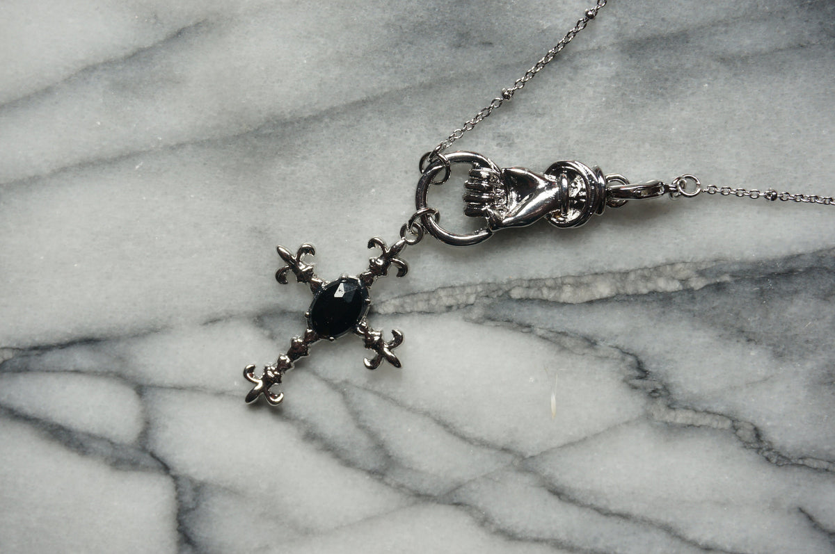 EDITH Gothic Hand Holding Cross Necklace/ Black Cross Necklace