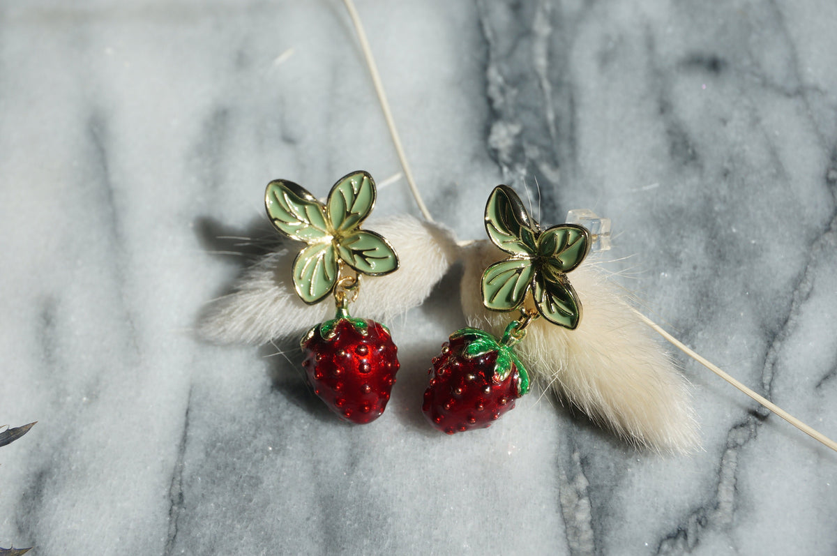 ICHIGO Enamel Strawberry Earrings, Sterling Silver, Summer Fruit Jewelry