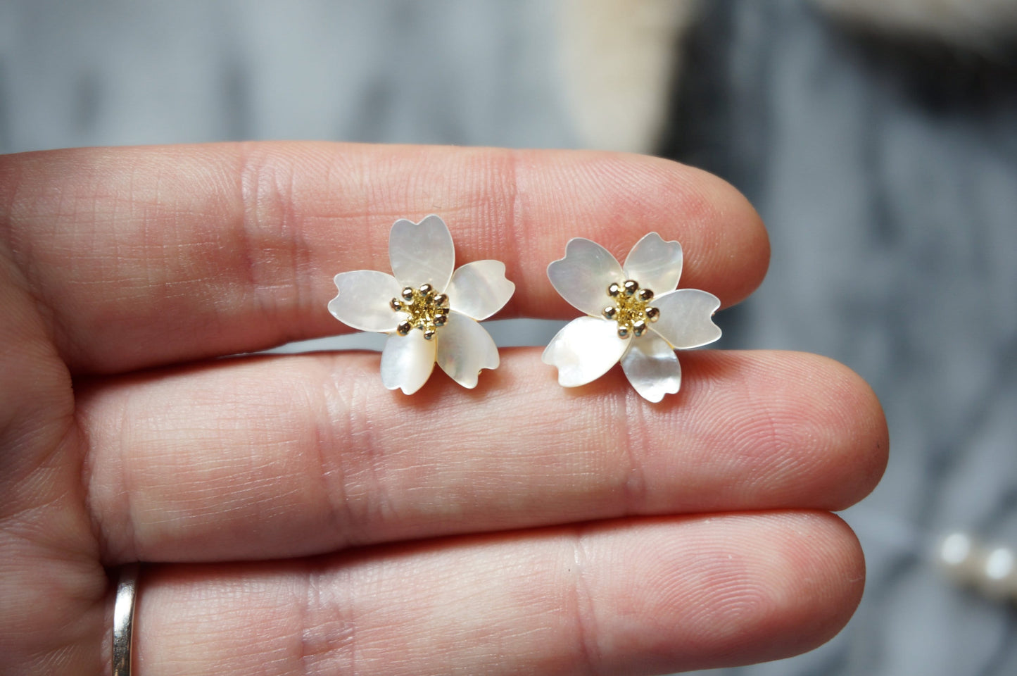 SAKURA Mother of Pearl Cherry Blossom Stud Earrings / Flower Earrings