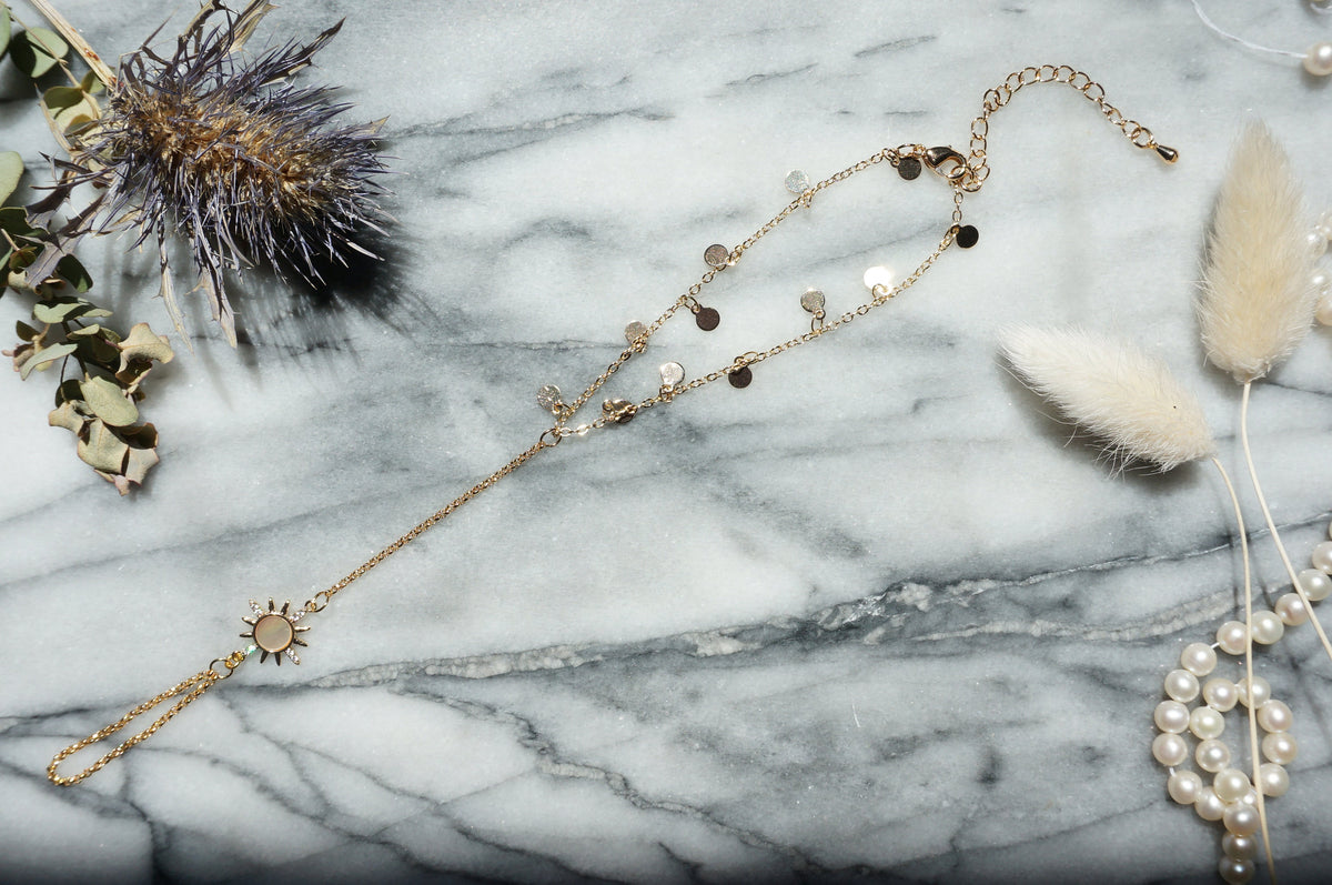 Gold Hand Chain Bracelet with Mother of Pearl Sun Charm