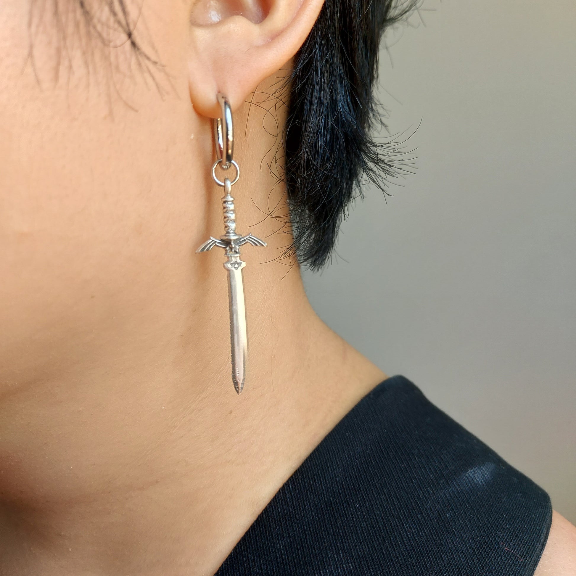 LEGEND Gold Silver Sword Huggie Hoop Earring SINGLE / Zelda Master Sword Earring